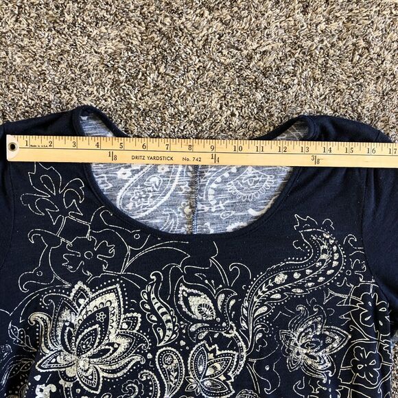 Womens Paisley Flower Pattern Shirt Navy Blue Sequence Scoop‎ Neck Size XL - Picture 4 of 8